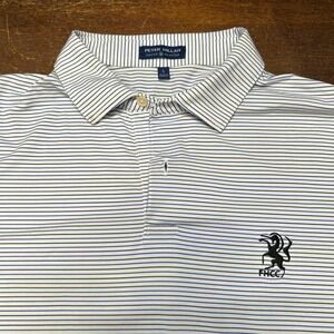 Peter Millar Performance Golf Polo Shirt Mens Large Blue White Stripe FHCC Logo